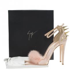 Pre Owned Giuseppe Zanotti Light Pink Suede and Fur Spiked Ankle Strap Sandals Size 39