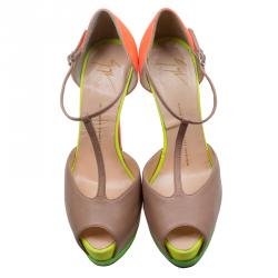 Pre Owned Giuseppe Zanotti Multicolor Leather and Glitter Fabric T Strap Platform Pumps Size 38