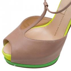 Pre Owned Giuseppe Zanotti Multicolor Leather and Glitter Fabric T Strap Platform Pumps Size 38
