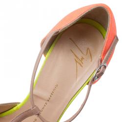 Pre Owned Giuseppe Zanotti Multicolor Leather and Glitter Fabric T Strap Platform Pumps Size 38