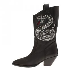 Pre Owned Giuseppe Zanotti Black Snake Embellished Leather Guns 55 Cowboy Boots Size 38.5