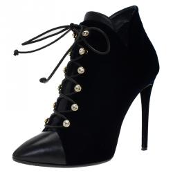 Pre Owned Giuseppe Zanotti Navy Blue Velvet and Black Leather Olinda Lace Up Ankle Boots Size 39