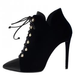 Pre Owned Giuseppe Zanotti Navy Blue Velvet and Black Leather Olinda Lace Up Ankle Boots Size 39