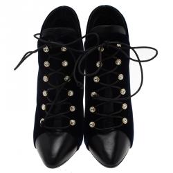 Pre Owned Giuseppe Zanotti Navy Blue Velvet and Black Leather Olinda Lace Up Ankle Boots Size 39