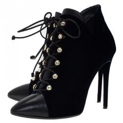 Pre Owned Giuseppe Zanotti Navy Blue Velvet and Black Leather Olinda Lace Up Ankle Boots Size 39