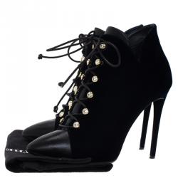 Pre Owned Giuseppe Zanotti Navy Blue Velvet and Black Leather Olinda Lace Up Ankle Boots Size 39