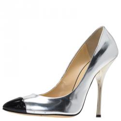 Pre Owned Giuseppe Zanotti Silver Metallic Leather Cap Toe Pointed Pumps Size 39