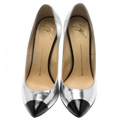 Pre Owned Giuseppe Zanotti Silver Metallic Leather Cap Toe Pointed Pumps Size 39