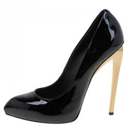 Pre Owned حذاء كعب عالي جوسيبي زانوتي جلد أسود لامع كعب ذهبي مقاس 39