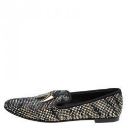 Pre Owned Giuseppe Zanotti Black Swarovski Crystal Embellished Loafers Size 38.5
