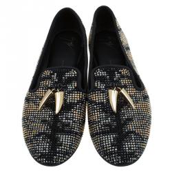 Pre Owned Giuseppe Zanotti Black Swarovski Crystal Embellished Loafers Size 38.5
