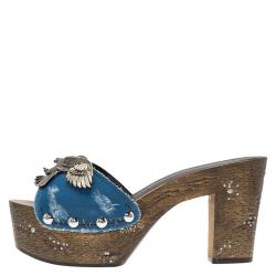 Pre Owned Giuseppe Zanotti Blue Canvas Eagle Embellished Saboot Platform Slides Size 41