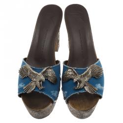 Pre Owned Giuseppe Zanotti Blue Canvas Eagle Embellished Saboot Platform Slides Size 41