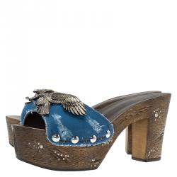 Pre Owned Giuseppe Zanotti Blue Canvas Eagle Embellished Saboot Platform Slides Size 41