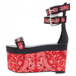 Pre Owned Giuseppe Zanotti Red and Black Printed Satin and Leather Ankle Strap Platform Sandals Size 37