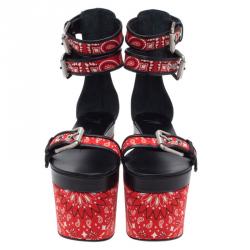 Pre Owned Giuseppe Zanotti Red and Black Printed Satin and Leather Ankle Strap Platform Sandals Size 37