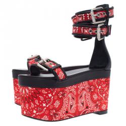Pre Owned Giuseppe Zanotti Red and Black Printed Satin and Leather Ankle Strap Platform Sandals Size 37