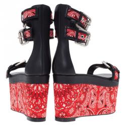 Pre Owned Giuseppe Zanotti Red and Black Printed Satin and Leather Ankle Strap Platform Sandals Size 37