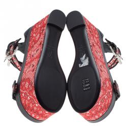 Pre Owned Giuseppe Zanotti Red and Black Printed Satin and Leather Ankle Strap Platform Sandals Size 37
