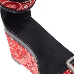 Pre Owned Giuseppe Zanotti Red and Black Printed Satin and Leather Ankle Strap Platform Sandals Size 37