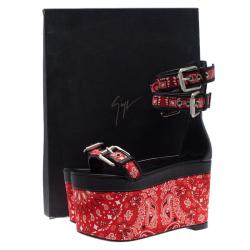 Pre Owned Giuseppe Zanotti Red and Black Printed Satin and Leather Ankle Strap Platform Sandals Size 37