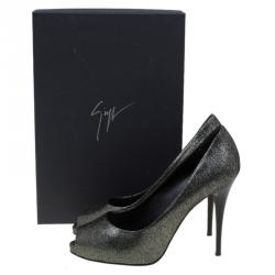 Pre Owned Giuseppe Zanotti Grey Metalllic Suede Peep Toe Pumps Size 37
