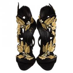 Pre Owned صندل جوسيبي زانوتي كولين سويدي أسود مزين بالكريستالات ونمط أورق الشجر مقاس 38