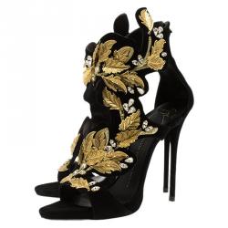 Pre Owned صندل جوسيبي زانوتي كولين سويدي أسود مزين بالكريستالات ونمط أورق الشجر مقاس 38