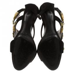 Pre Owned صندل جوسيبي زانوتي كولين سويدي أسود مزين بالكريستالات ونمط أورق الشجر مقاس 38