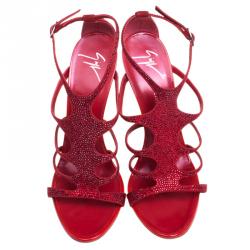 مملوكة مسبقًا Giuseppe Zanotti Red Crystal Studded Suede Strappy Sandals Size 39