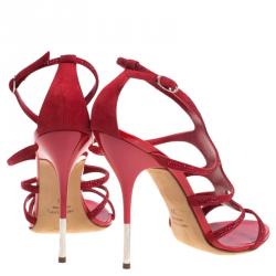 مملوكة مسبقًا Giuseppe Zanotti Red Crystal Studded Suede Strappy Sandals Size 39