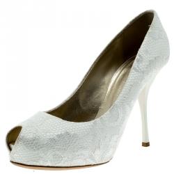 Pre Owned Giuseppe Zanotti White Lace and Satin Peep Toe Platform Pumps Size 40