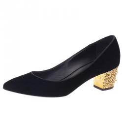 Pre Owned Giuseppe Zanotti Black Velvet Spiked Block Heel Pumps Size 38