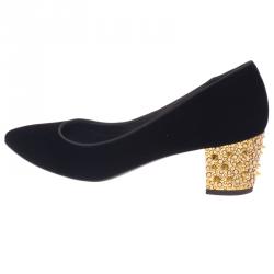 Pre Owned Giuseppe Zanotti Black Velvet Spiked Block Heel Pumps Size 38