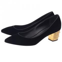 Pre Owned Giuseppe Zanotti Black Velvet Spiked Block Heel Pumps Size 38