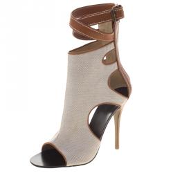 مملوكة مسبقًا Giuseppe Zanotti Beige Canvas and Leather Ankle Wrap Open Toe Booties Size 36.5