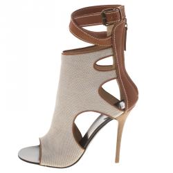 مملوكة مسبقًا Giuseppe Zanotti Beige Canvas and Leather Ankle Wrap Open Toe Booties Size 36.5