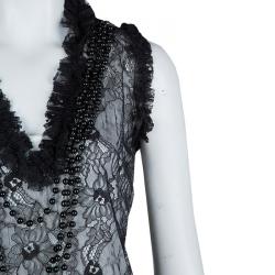 Pre Owned Givenchy Black Lace Beaded Necklace Detail Tassel Bottom Sleeveless Dress M