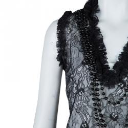 Pre Owned Givenchy Black Lace Beaded Necklace Detail Tassel Bottom Sleeveless Dress M