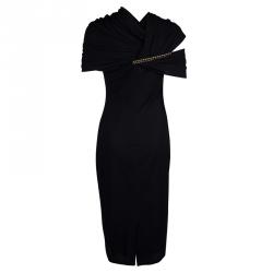 Pre Owned Givenchy Black Knit Draped Shoulder Fitted Midi Dress M