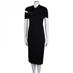 Pre Owned Givenchy Black Knit Draped Shoulder Fitted Midi Dress M