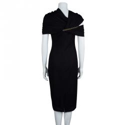 Pre Owned Givenchy Black Knit Draped Shoulder Fitted Midi Dress M