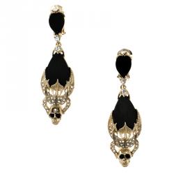 Pre Owned Givenchy Skull Black Resin Crystal & Gold Tone Long Clip-on Earrings