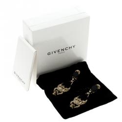Pre Owned Givenchy Skull Black Resin Crystal & Gold Tone Long Clip-on Earrings
