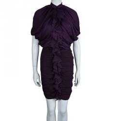 Pre Owned Givenchy Purple Draped Ruffle Detail Zip Front Ruched Dress M