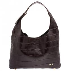 Pre Owned Givenchy Dark Brown Croc Embossed Leather Small Hobo
