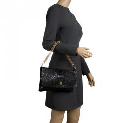 Pre Owned Givenchy Black Croc Embossed Leather Folded Chain Clutch