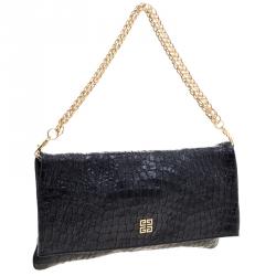 Pre Owned Givenchy Black Croc Embossed Leather Folded Chain Clutch