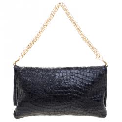 Pre Owned Givenchy Black Croc Embossed Leather Folded Chain Clutch