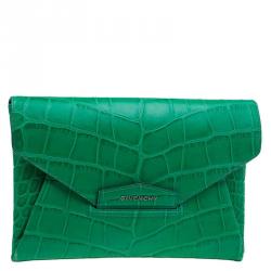 Pre Owned Givenchy Green Croc Embossed Leather Medium Antigona Envelope Clutch